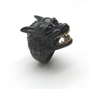 Stainless Steel Black Wolf Ring
